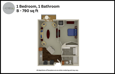 a floor plan of a 1 bedroom 1 bathroom b 790 sq ft